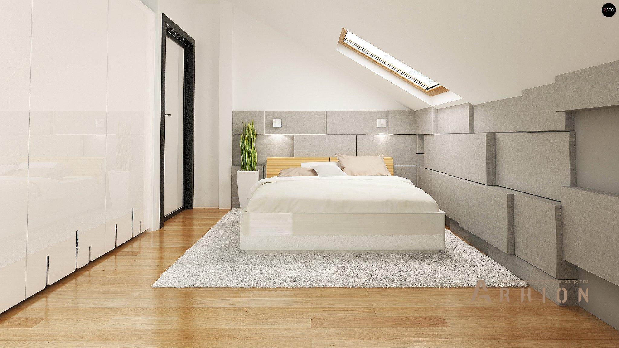 6. Проект одноэтажного дома в современном стиле с двускатной кровлей, Z210 GLt, площадью - 139 кв c мансардой, терассой, балконом, гаражом